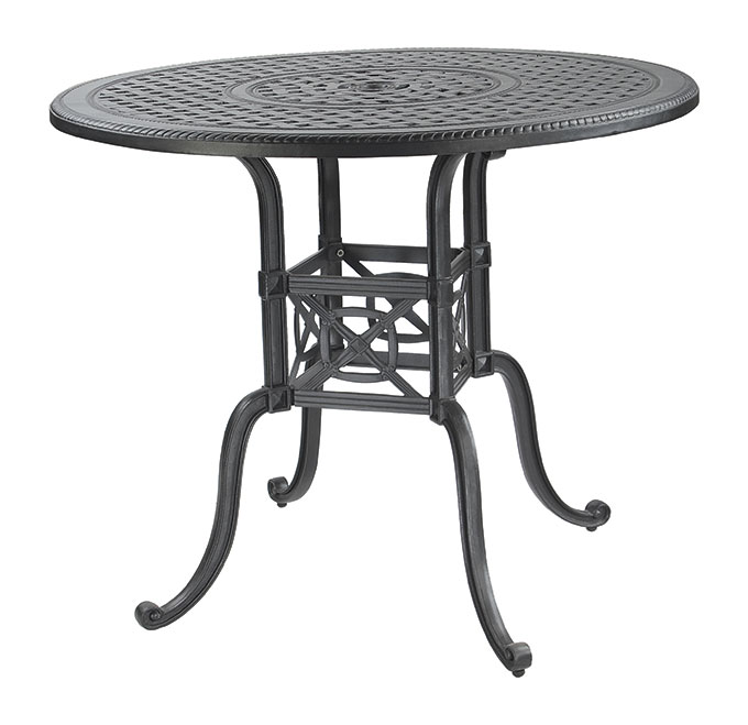 A round, metal Gensun Grand Terrace outdoor table with an intricate lattice design on the top and curvy legs, isolated on a white background.