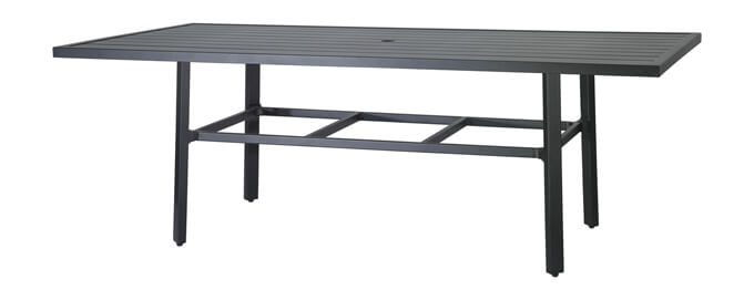 A rectangular outdoor dining table from Gensun Plank with a solid black metal frame and slatted tabletop design, isolated on a white background.