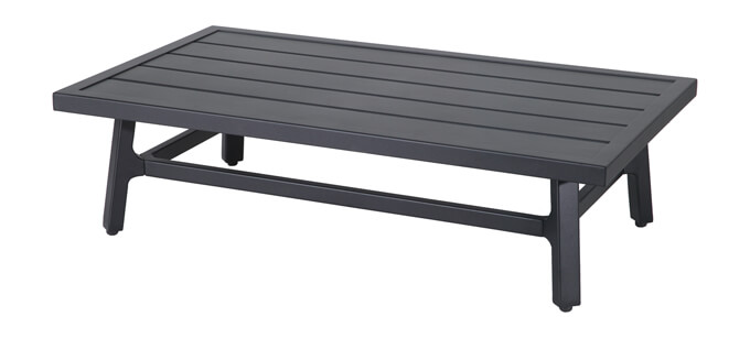 A rectangular, low-profile outdoor coffee table in dark gray with horizontal slatted Gensun Plank tabletop and a sturdy metal frame, isolated on a white background.