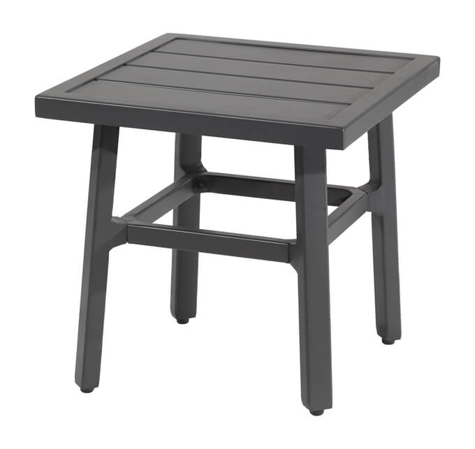 A square, dark gray Gensun Plank outdoor side table with slatted top and a lower shelf, set against a white background.