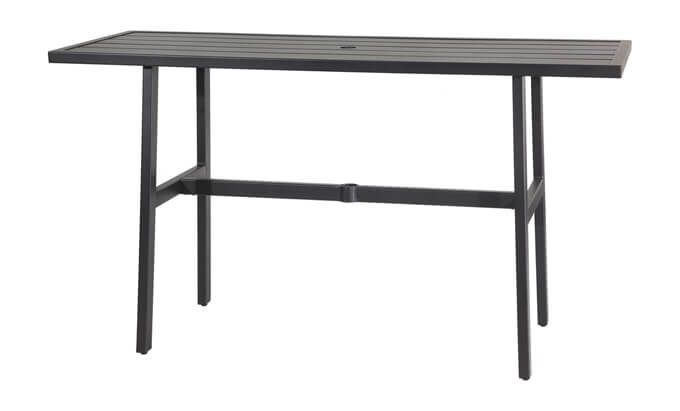 A modern Gensun Plank black outdoor dining table with a slatted top and sleek metal frame, featuring a central hole for an umbrella.