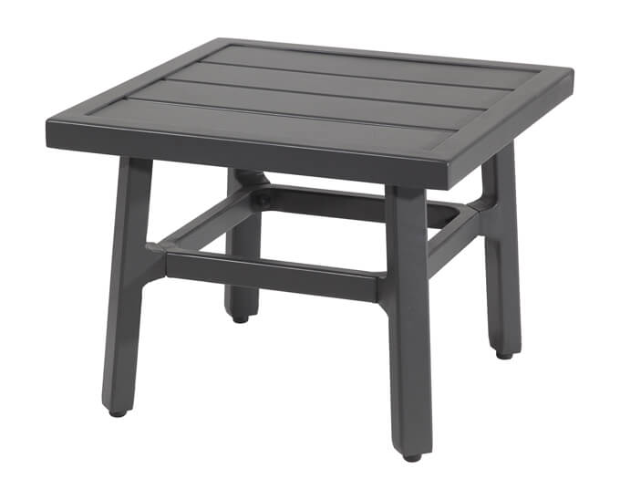 A small, gray, square Gensun Plank outdoor table with a slatted top and sturdy legs, isolated on a white background.