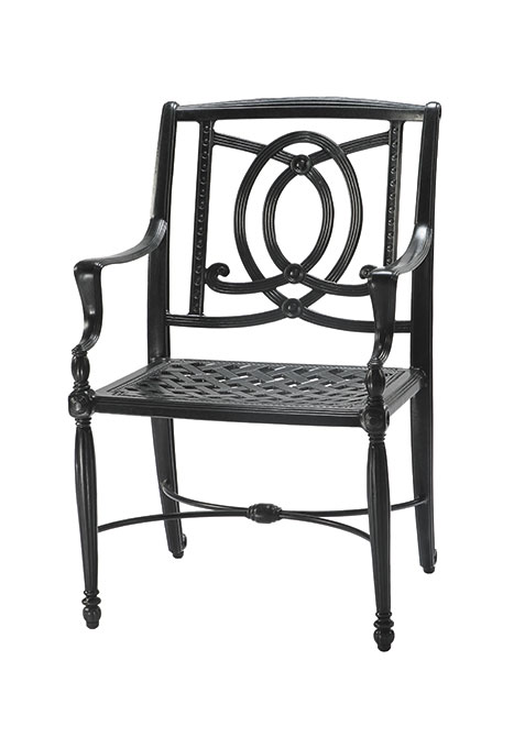 An elegant Gensun Bel Air black metal chair with ornate backrest designs and armrests, featuring a woven pattern seat and decorative legs on a plain background.