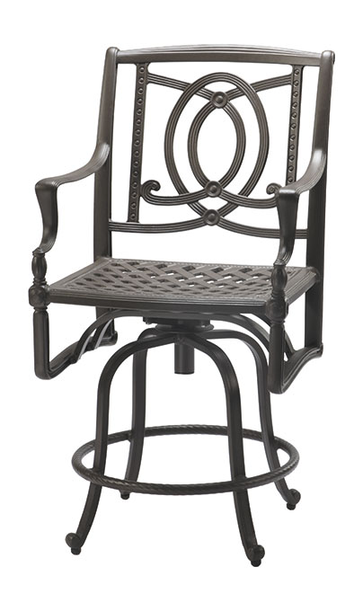 An ornate Gensun Bel Air metal swivel bar stool featuring elegant scrollwork on the backrest, a circular seat, and curved armrests, set on a rounded base with footrest