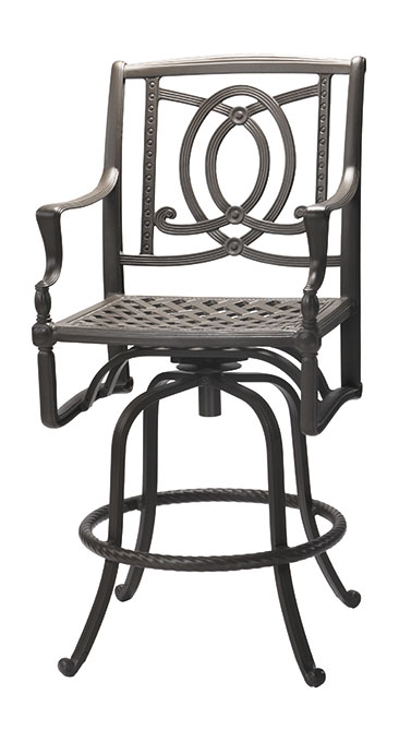 An elegant, ornate Gensun Bel Air metal barstool with armrests and an intricate circular design on the backrest, featuring a woven seat and swirls in the frame.