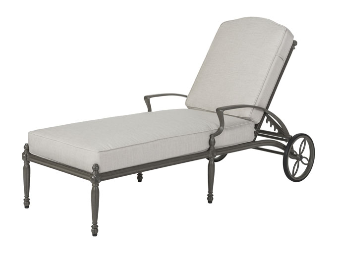 A Gensun Bel Air outdoor chaise lounge with wheels, featuring a light gray cushion on a black metal frame.
