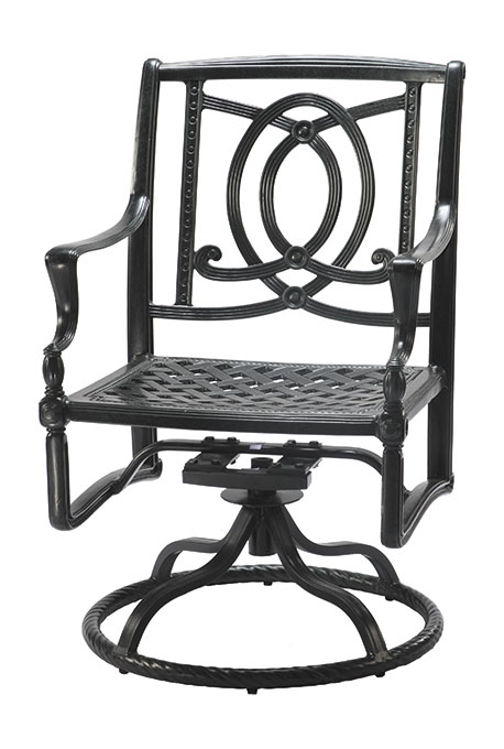 An elegant Gensun Bel Air black metal swivel chair with ornate backrest designs and armrests, featuring a woven seat and circular base.