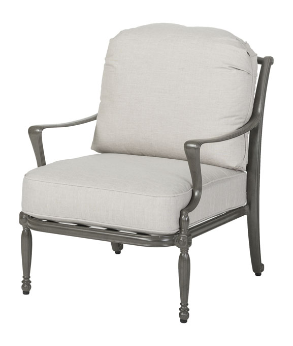 An elegant Gensun Bel Air gray armchair with ornate metal frame and plush off-white cushions, isolated on a white background.