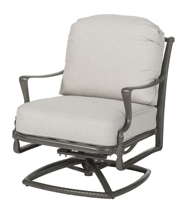 A modern Gensun Bel Air swivel chair with gray metal frame and thick, cushioned seating upholstered in light gray fabric, isolated on a white background.