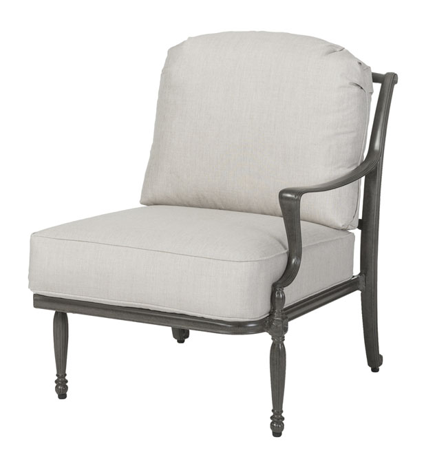 A classic style Gensun Bel Air armchair with gray wooden frame and light beige cushions on a white background.