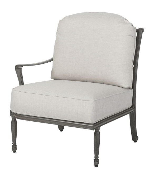 A classic, cushioned Gensun Bel Air armchair with a gray fabric upholstery and dark metal frame with elegant curves and subtle ornamental details on the legs.