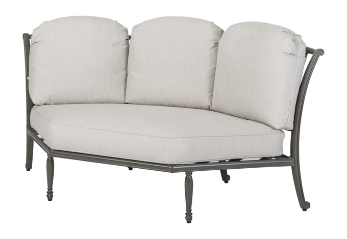 An elegant Gensun Bel Air metal-framed outdoor sofa with three plush, light gray cushions on a white background.