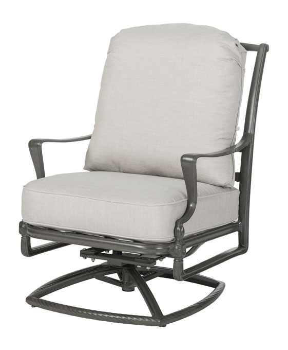A modern swivel rocking chair from the Gensun Bel Air collection with a sturdy metal frame and thick, cushioned seating and backrest, all upholstered in a light grey fabric.