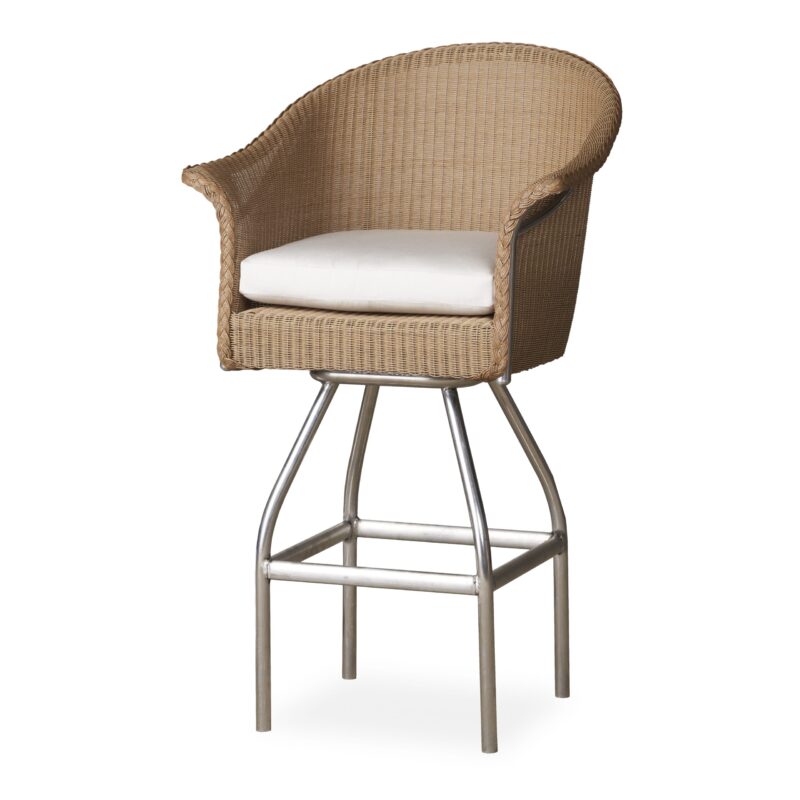 A modern bar stool featuring a high woven backrest in a natural tone and a shiny metal base, complemented by a white cushioned seat.