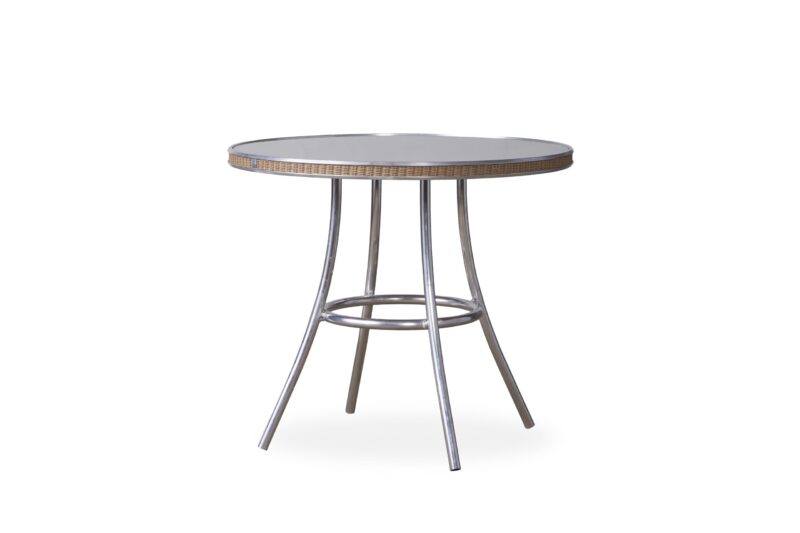 A modern round table with a sleek metallic frame and a gray tabletop. it features intricate edge details and a simple, sturdy base, isolated on a white background.