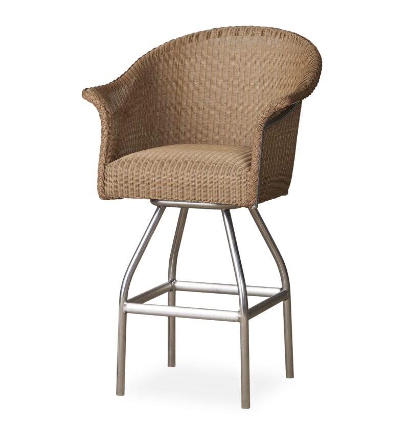 A modern bar stool with a high-back wicker seat and shiny metal legs, isolated on a white background.