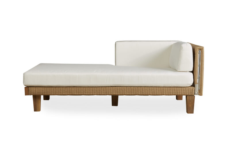 A modern chaise lounge with a wooden frame and woven sides, featuring a white cushion and a bolster pillow, isolated on a white background.