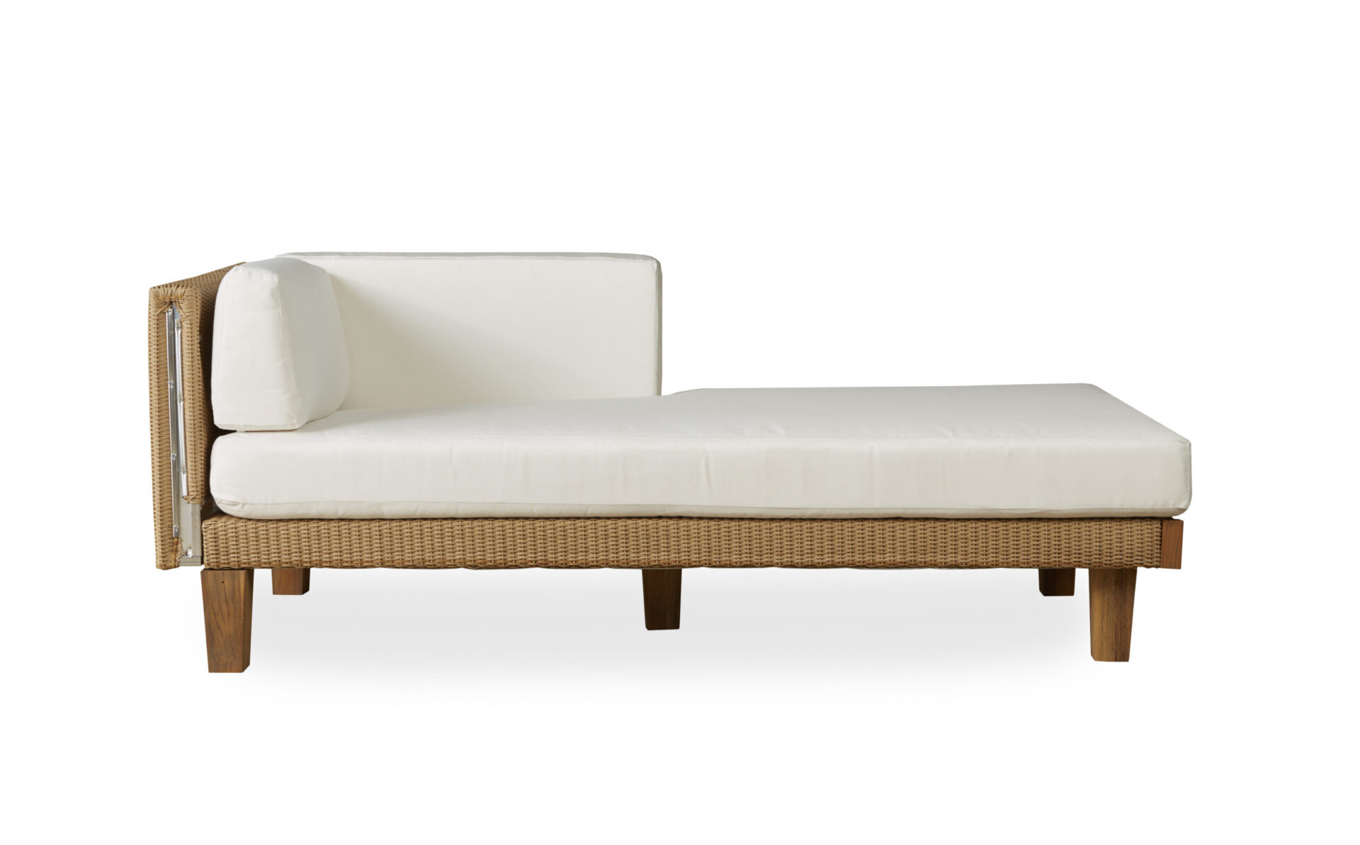 Modern chaise lounge with a white cushion, wicker side support, and wooden legs, isolated on a white background.
