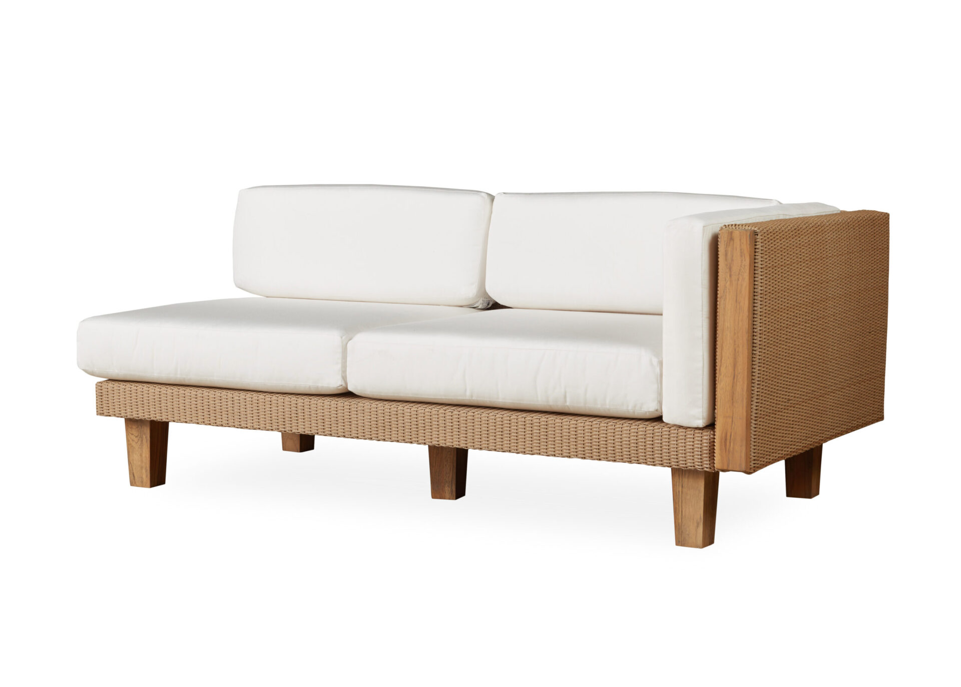 A two-seater modern loveseat with white cushions and a wooden frame featuring a textured side and back panel. the loveseat is set against a plain white background.