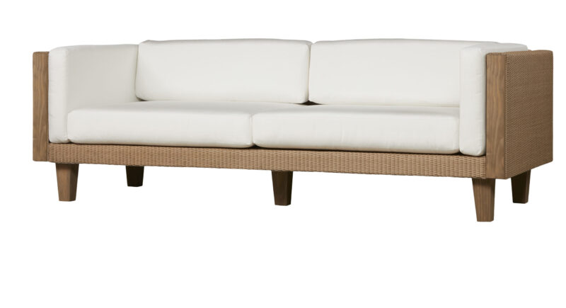 A modern beige sofa with white cushions, featuring a minimalist design and wooden legs, isolated on a white background.