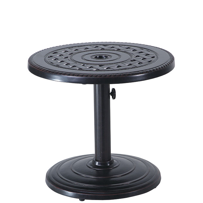 A black, ornate Gensun Grand Terrace metal bistro table with a round top and circular patterns, supported by a central pedestal and circular base, isolated on a white background.