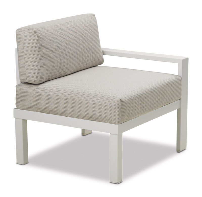 A modern single-seater sofa with a white metal frame and light beige cushions, isolated on a white background.