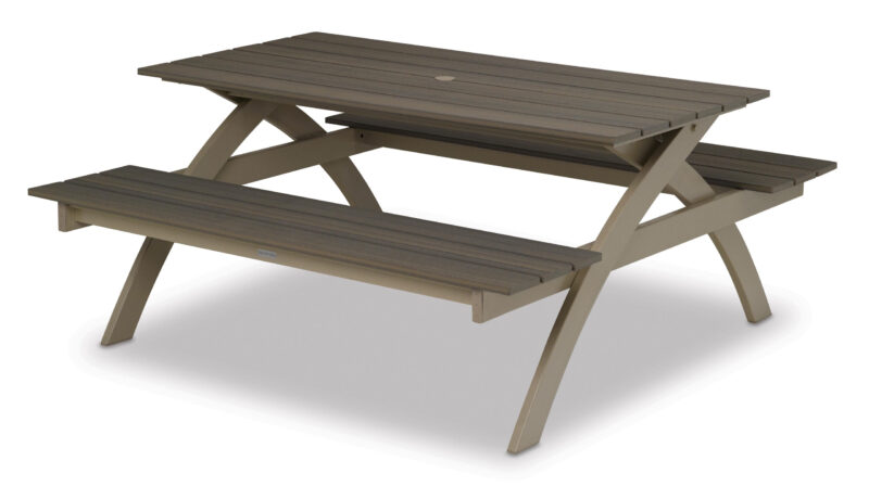 A 3D rendering of a simple, modern Plymouth Bay picnic table with attached benches, finished in a muted brown color, on a white background.