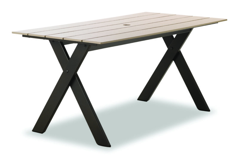 A modern outdoor table with a light beige tabletop and dark gray x-shaped legs, set against a white background.
