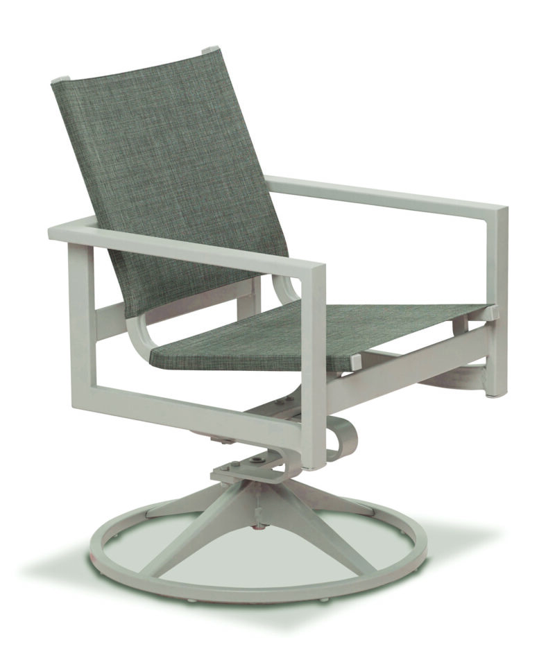 A modern swivel chair with a white metal frame and greenish-gray upholstered seat and backrest, set against a white background.