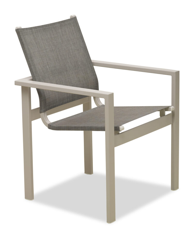 A modern armchair with a beige metal frame and gray fabric seat and backrest, isolated on a white background.