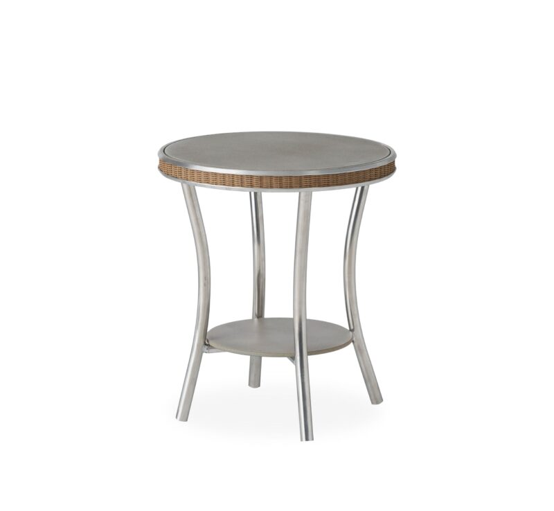 A small, round table with a metal frame and a woven rattan top, isolated on a white background.