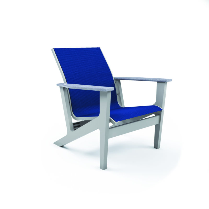 A modern outdoor chair with a sleek gray frame and bright blue fabric, isolated on a white background.