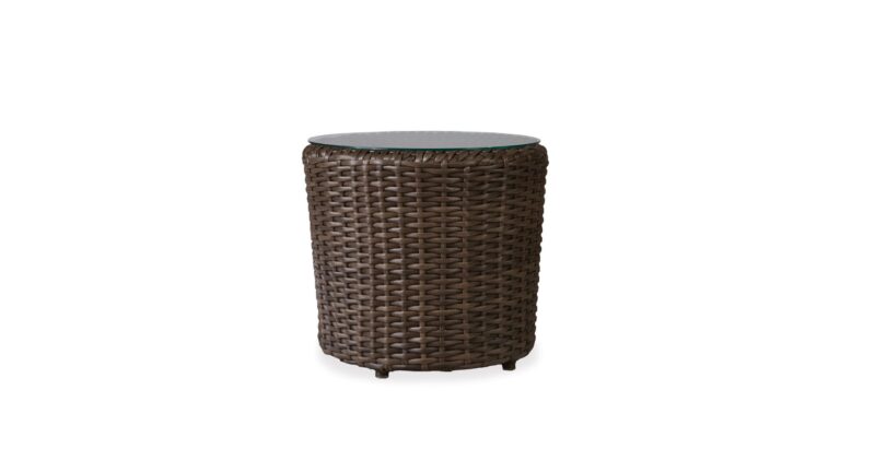 A round, wicker side table with a woven dark brown texture and a flat top, isolated on a white background.