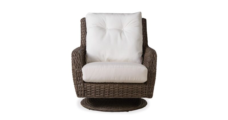 A dark brown wicker swivel chair with plush white cushions against a white background.
