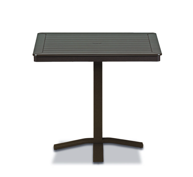 A modern, dark-colored pedestal table with a rectangular, slatted top and a sturdy base, isolated on a white background.
