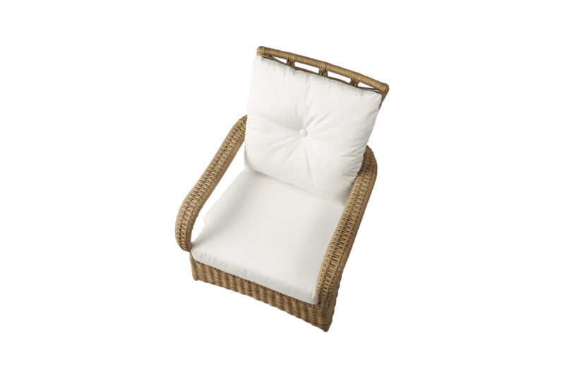 An elegant rattan chair with a tall back, featuring a plush white cushion on the seat and a matching round pillow against a white background.