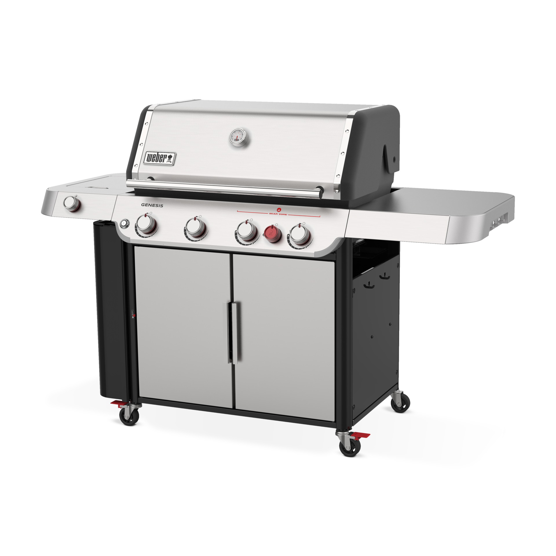 A large, stainless steel gas grill on wheels, featuring a spacious cooking area, multiple control knobs, and a closed storage cabinet, isolated on a white background.