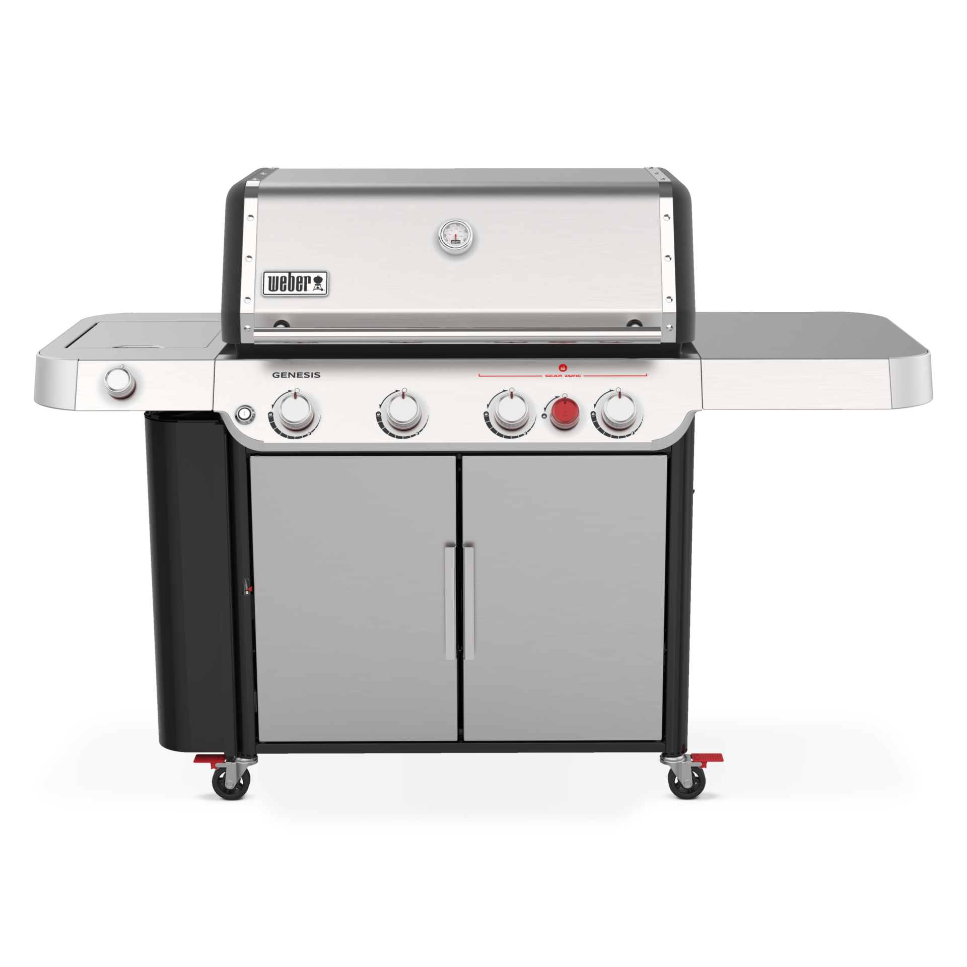 Stainless steel weber genesis grill with four burners, side tables, and a double-door cabinet, isolated on a white background.