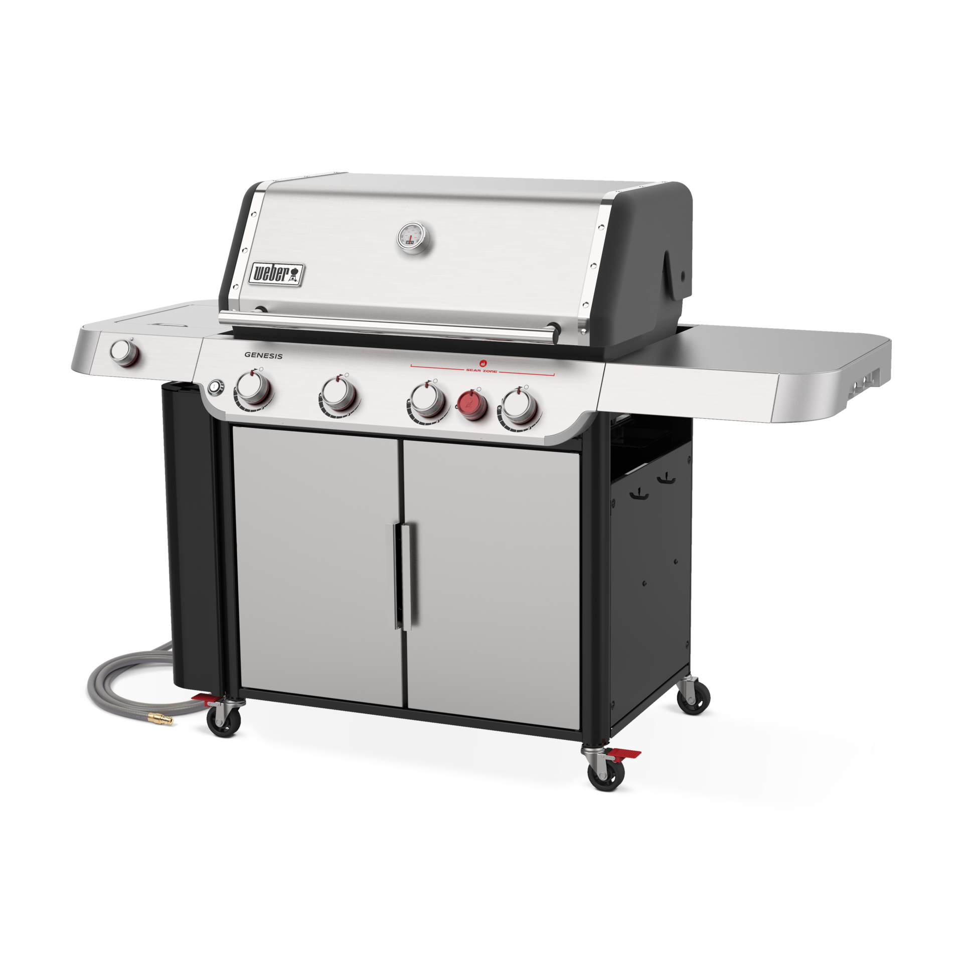 A large, Weber Genesis S-435 stainless steel outdoor natural gas grill with four burners, a closed lid, side burner, and lower storage cabinet, isolated on a transparent background.