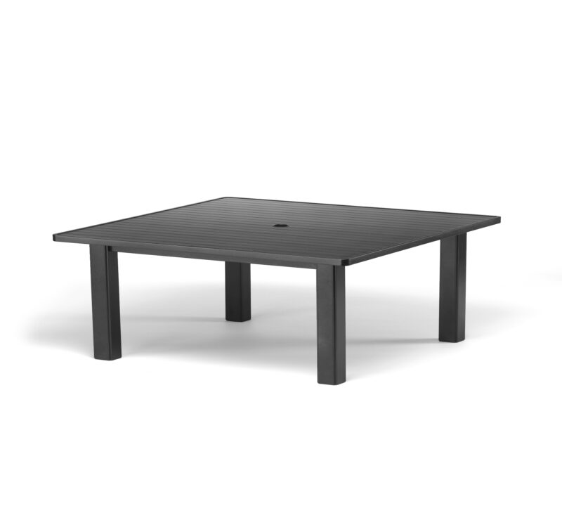 A simple, gray outdoor table with a slatted top and sturdy legs on a plain white background.