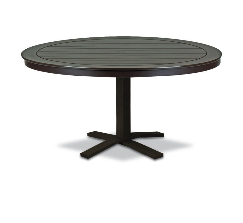 A round table with a dark, slatted top and a single, black pedestal base, isolated on a light background.