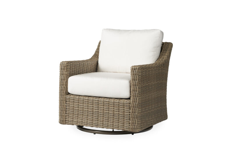 A modern swivel chair with a sturdy wicker frame and plush white cushions, isolated on a white background.