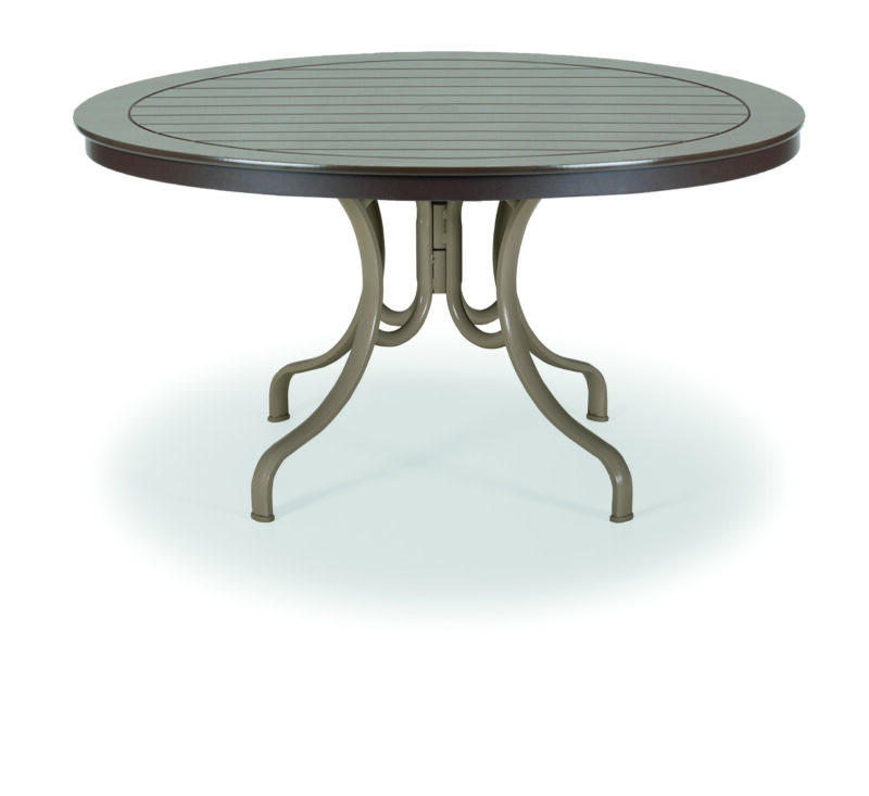 A round metal patio table with a slatted top and elegantly curved legs, isolated on a white background.