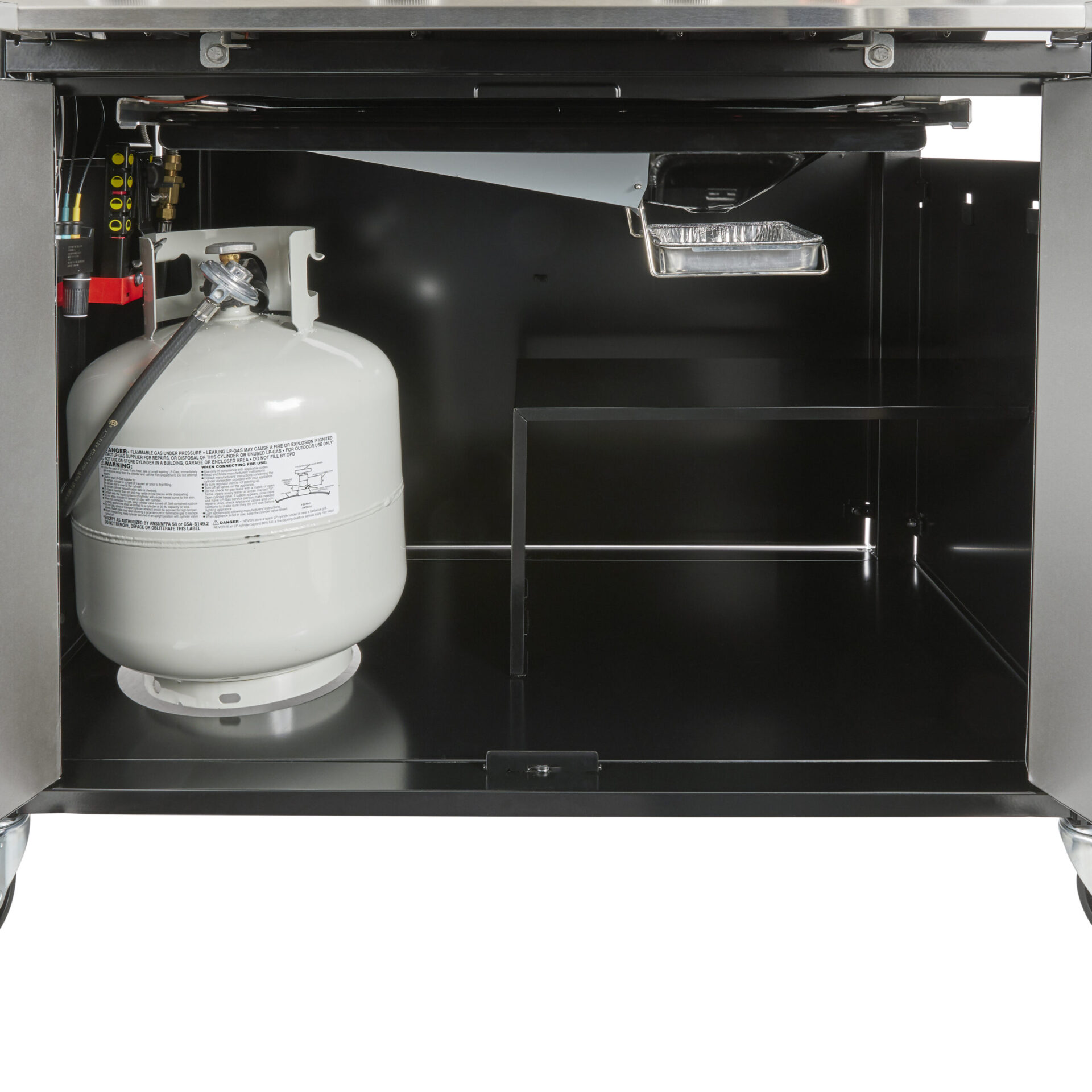 Interior view of a metal storage cabinet containing a fire extinguisher and an empty shelf, with doors open, showing safety equipment storage for items such as a Weber Genesis S-435 grill.