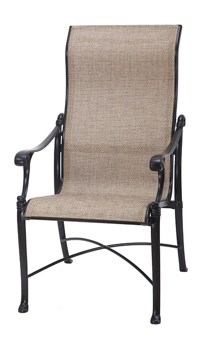 A sleek Gensun Michigan patio chair featuring a black metal frame and beige fabric seat and backrest.