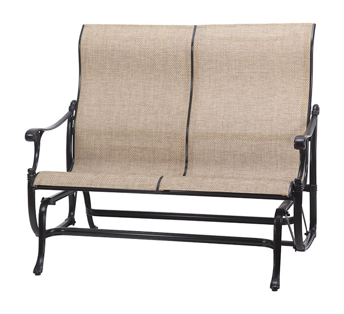 A Gensun Michigan two-seater outdoor bench with a beige fabric back and seat on a black metal frame, isolated against a white background.