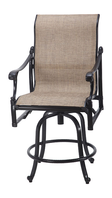 An elegant Gensun Michigan swivel chair with a burlap-like fabric seat and backrest, featuring black metallic frame and armrests, and a circular footrest.