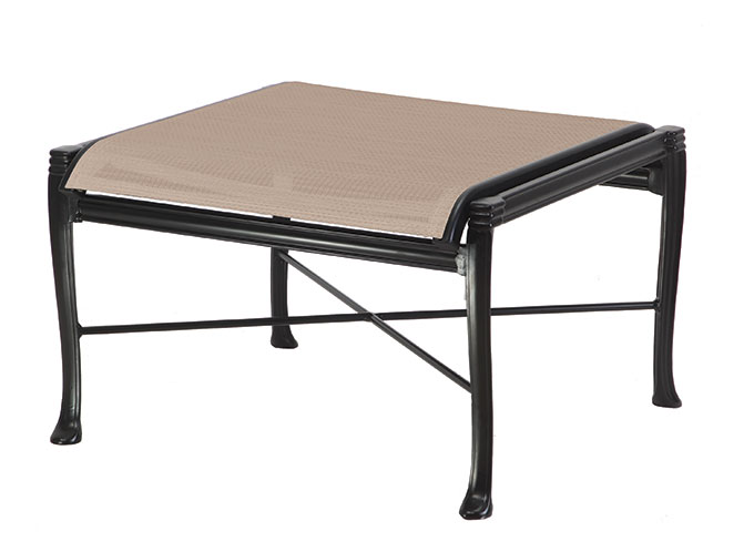 A rectangular Gensun Michigan ottoman with a woven beige top and black metal frame, isolated on a white background.