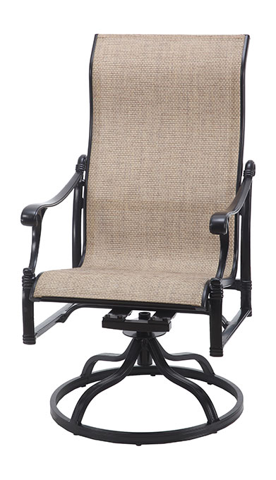 An outdoor swivel chair from Gensun Michigan with a sleek black frame and textured tan sling fabric, featuring armrests and a circular base.