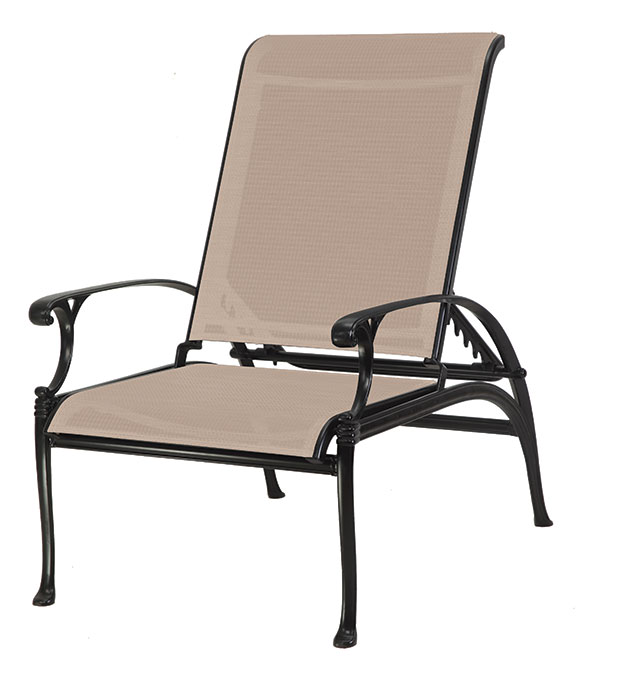 A Gensun Michigan tan patio lounge chair with a mesh fabric seat and backrest, featuring black metal armrests and frame, isolated on a white background.